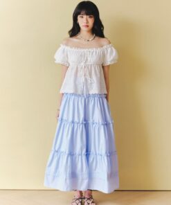 Chân váy Midi nhún tầng - Xanh biển - S0285